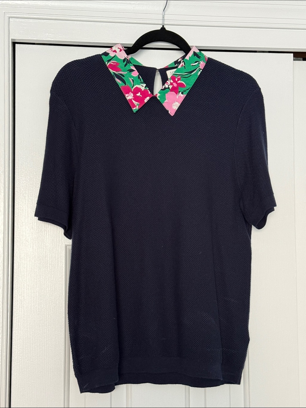 J. Crew Navy Short-Sleeve Sweater Top with Floral Collar